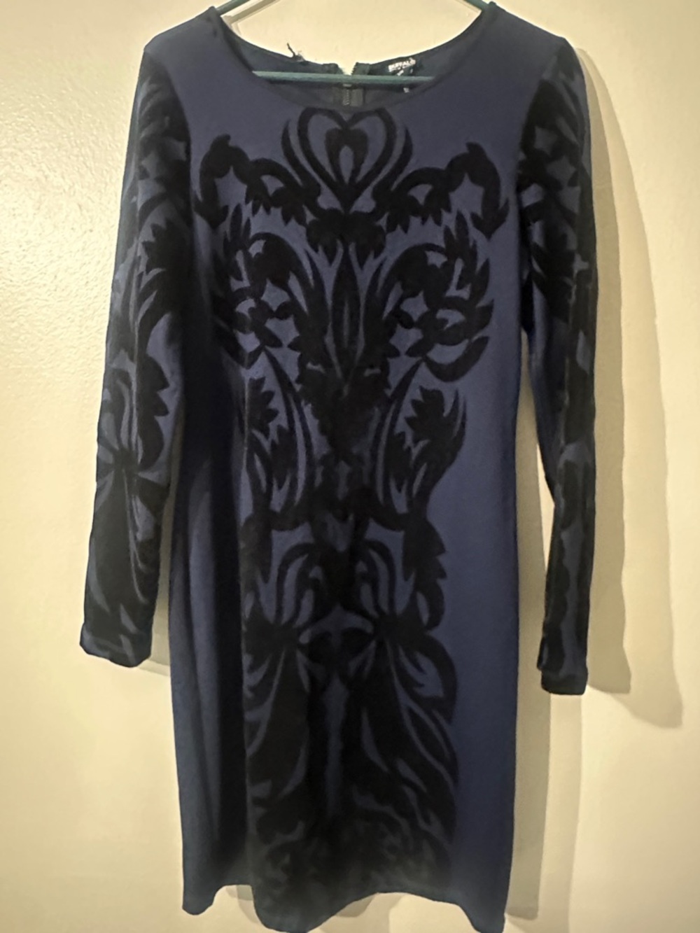 BUFFALO DAVID BITTON Women's Navy Blue Velvet Burnout Long Sleeve Dress Sz L